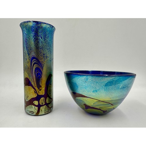 544 - Michael Harris, Isle of Wight Studio Glass Nightscape Collection: a tall cylinder vase 20cm h and an... 