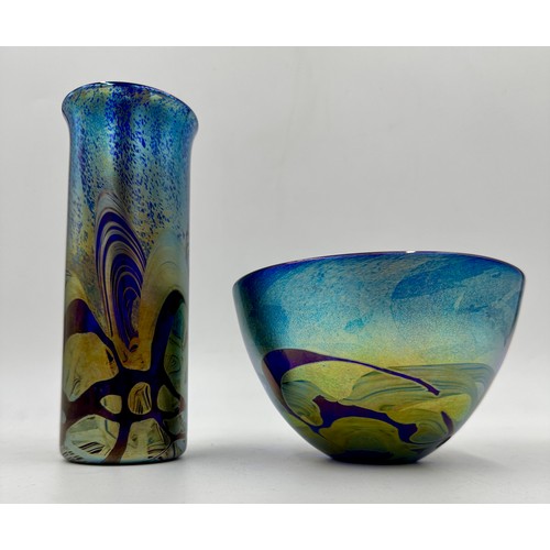 544 - Michael Harris, Isle of Wight Studio Glass Nightscape Collection: a tall cylinder vase 20cm h and an... 