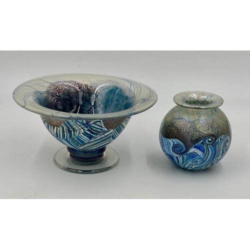 545 - Timothy Harris - Isle of Wight - Seascape Collection.
A pedestal dish 10cm and a round vase 10cm  Th... 