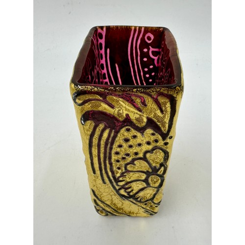 550 - A Timothy Harris, Isle of Wight Glass commissioned day piece : A gold fennel square vase with a pink... 