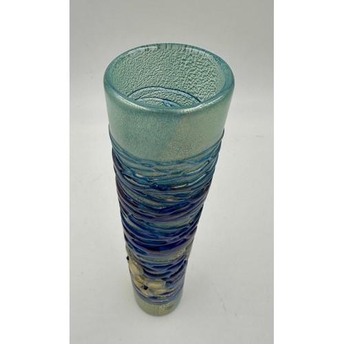 552 - A tall Golden Ffleur cylinder vase designed by Timothy Harris for Isle of Wight Glass in the blue co... 