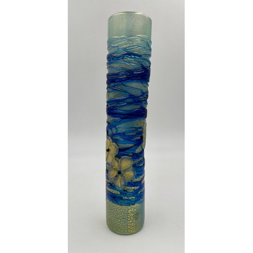 552 - A tall Golden Ffleur cylinder vase designed by Timothy Harris for Isle of Wight Glass in the blue co... 