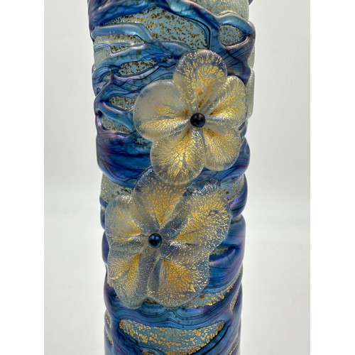 552 - A tall Golden Ffleur cylinder vase designed by Timothy Harris for Isle of Wight Glass in the blue co... 