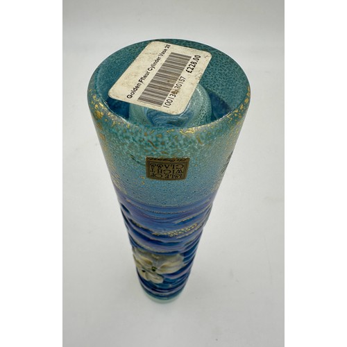 552 - A tall Golden Ffleur cylinder vase designed by Timothy Harris for Isle of Wight Glass in the blue co... 