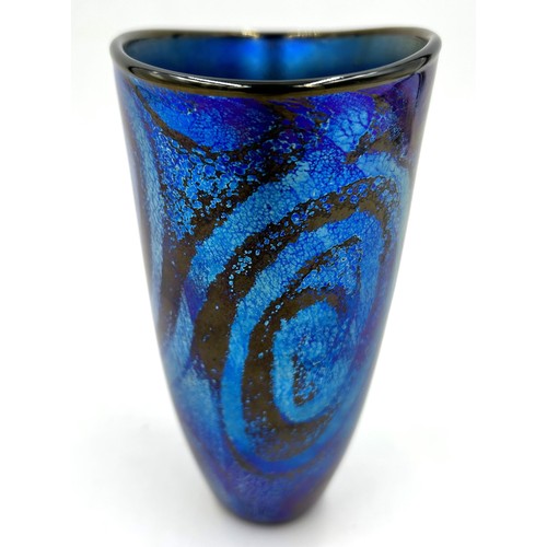 557 - Isle of Wight studio glass in Iridescent Blue tapered vase with a brown rim 17cm h with gold label t... 