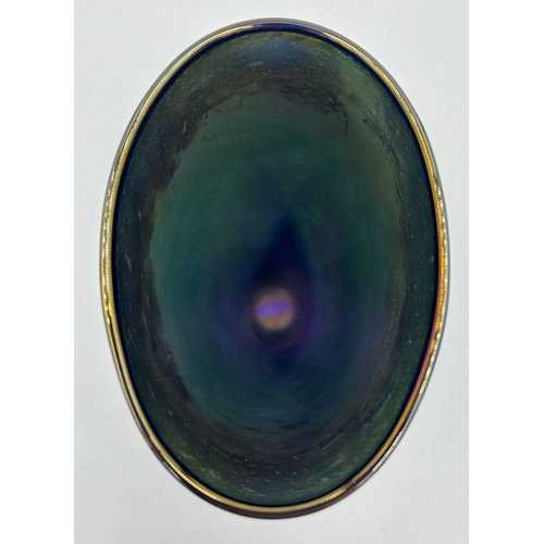 557 - Isle of Wight studio glass in Iridescent Blue tapered vase with a brown rim 17cm h with gold label t... 