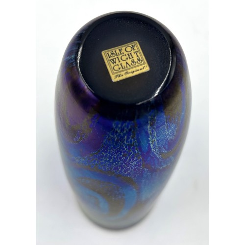 557 - Isle of Wight studio glass in Iridescent Blue tapered vase with a brown rim 17cm h with gold label t... 