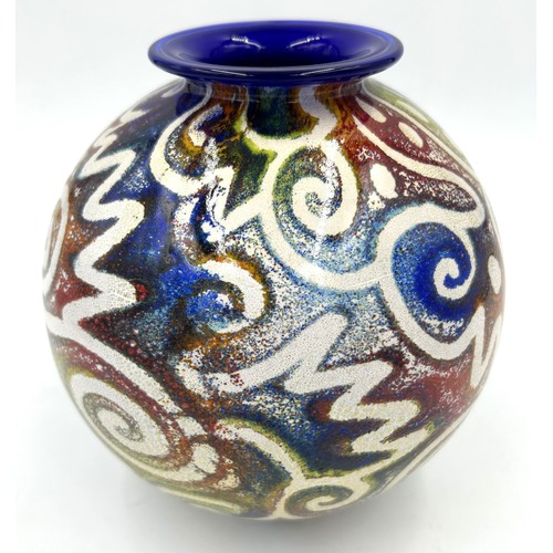 559 - Isle of Wight studio glass large multi/blue 'Jazzy' globe vase 19cm h signed and dated to base 2012.