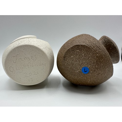 338 - James Oughtibridge (born 1977); Five small ceramic sculptures, brown, white and black. Largest, all ... 