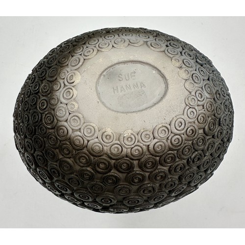 316 - Sue Hanna (born 1963); a burnished stoneware bowl with textured surface, impressed mark, 23cm d x 21... 