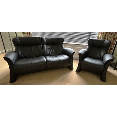 110 - A Himolla black leather two seater settee together with a matching armchair. Settee 164 w x 90 h x 8... 