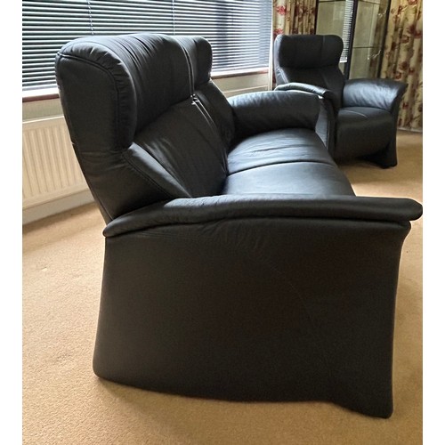 110 - A Himolla black leather two seater settee together with a matching armchair. Settee 164 w x 90 h x 8... 