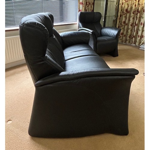 110 - A Himolla black leather two seater settee together with a matching armchair. Settee 164 w x 90 h x 8... 