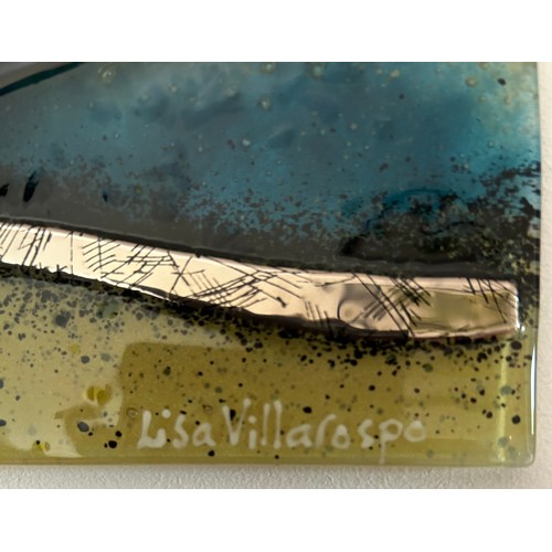 414 - A Lisa Villarospo fused glass piece of wall art depicting waves in a deep black frame 52 x 52cm.