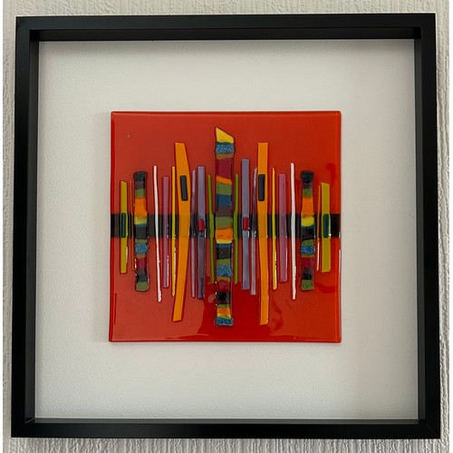 415 - Lisa Villarospo fused glass piece of wall art in vivid colours in a deep black contemporary frame. 5... 