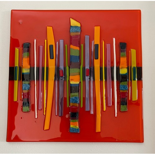 415 - Lisa Villarospo fused glass piece of wall art in vivid colours in a deep black contemporary frame. 5... 