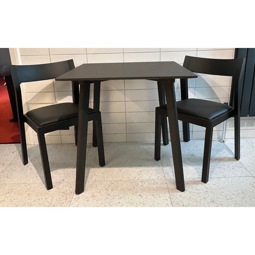 107 - A Muuto square black contemporary wooden table 75 x 75cm x 74cm h together with two black Case chair... 