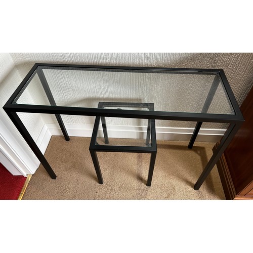 109 - Two black metal and glass tables. Hall table 100 w x 35 d x 72cm h. Coffee table 35 w x 35 d x 45cm ... 