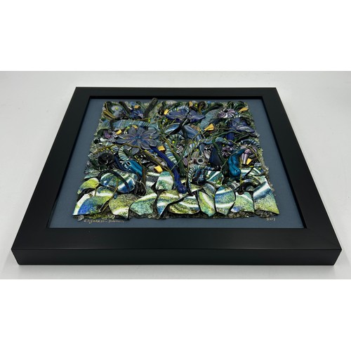 459 - Eizabeth Harris Isle of Wight Contemporary studio glass wall plaque 'Blue Garden' (2017) in a black ... 