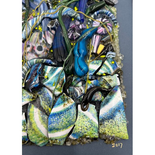 459 - Eizabeth Harris Isle of Wight Contemporary studio glass wall plaque 'Blue Garden' (2017) in a black ... 