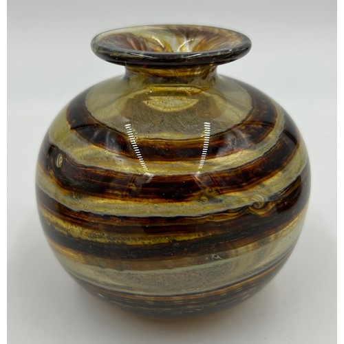 452 - Michael Harris, three Isle of Wight Glass 'Tortoiseshell' vases to include squat vase 8cm high. All ... 