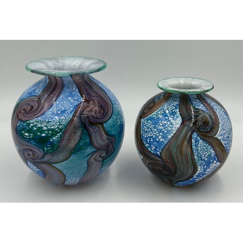 455 - Two Isle of Wight 'Gemstone' aquamarine glass globe vases designed by Timothy and Jonathan Harris,15... 