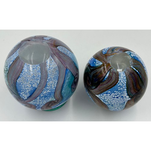 455 - Two Isle of Wight 'Gemstone' aquamarine glass globe vases designed by Timothy and Jonathan Harris,15... 