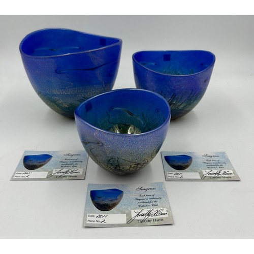 432 - Isle of Wight glass designed by Timothy Harris. Three 'Blue Seagrass' open bowls. Large 14cm h, Medi... 