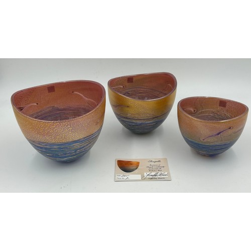 435 - Isle of Wight glass designed by Timothy Harris (2011) Three 'Seagulls' open bowls. Large 14cm h, Med... 