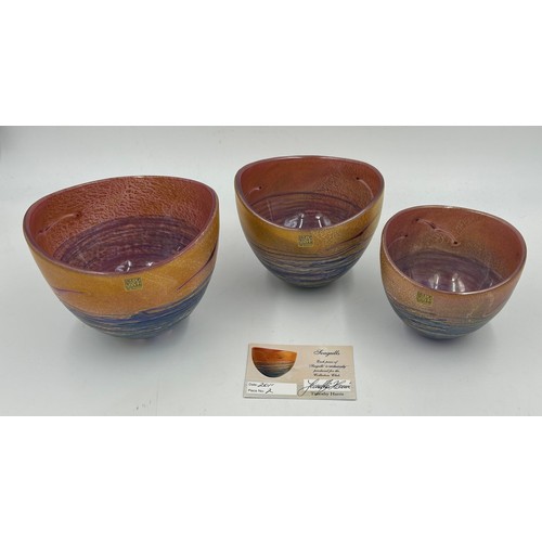 435 - Isle of Wight glass designed by Timothy Harris (2011) Three 'Seagulls' open bowls. Large 14cm h, Med... 