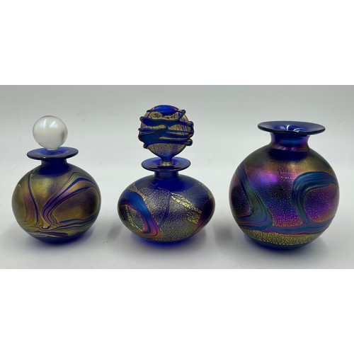 443 - Michael Harris - Isle of Wight- Two studio glass scent bottles, a globe vase 9cm h and two small pap... 