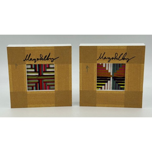 346 - A pair of Contemporary Margo Selby framed miniature artworks in geometric form woven in wool and sil... 