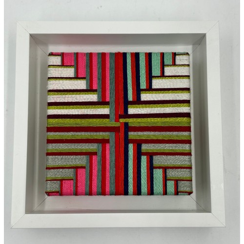 346 - A pair of Contemporary Margo Selby framed miniature artworks in geometric form woven in wool and sil... 