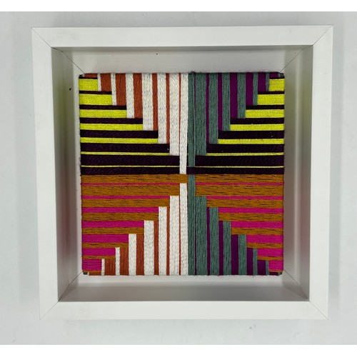 346 - A pair of Contemporary Margo Selby framed miniature artworks in geometric form woven in wool and sil... 