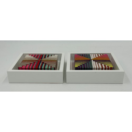 346 - A pair of Contemporary Margo Selby framed miniature artworks in geometric form woven in wool and sil... 