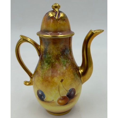 294 - A Royal Worcester miniature coffee pot decorated with apples and berries on a moss background with g... 