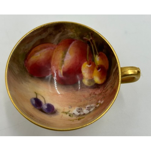 295 - A Royal Worcester miniature cup & saucer decorated with fruit on a moss background and gilt edging, ... 