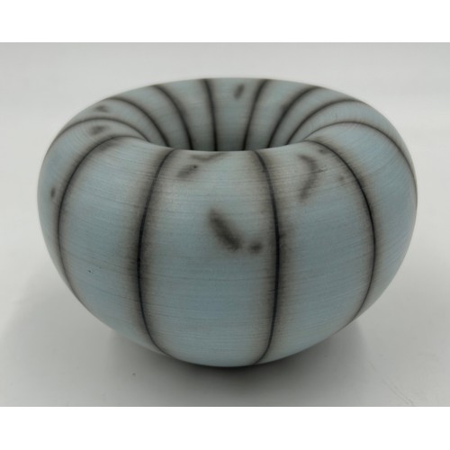 299 - Tim Andrews 'Humbug' Raku vase in duck egg blue, 9cm h x 13cm d with impressed markers mark TA to th... 