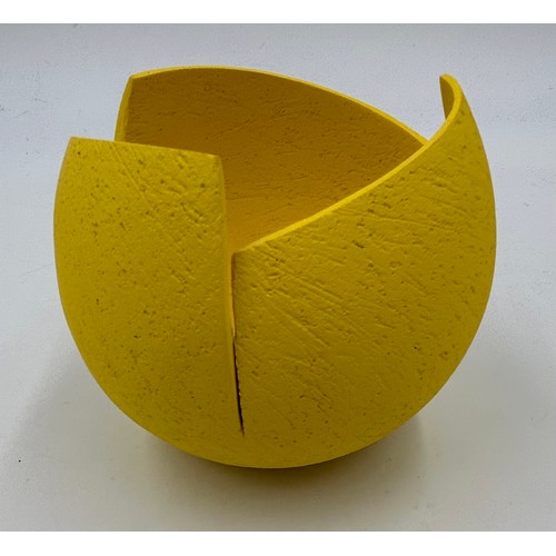 282 - A contemporary Ashraf Hanna textured earthenware vessel with yellow interior and exterior 9cm h x 9c... 