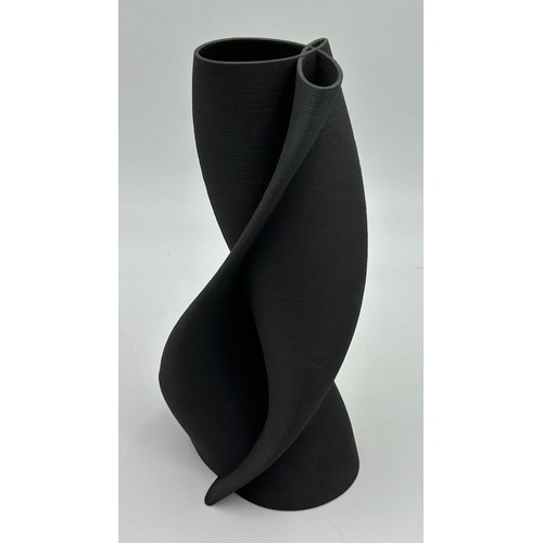 288 - A contemporary Jack Hardie textured earthenware folded sculpture in charcoal 31cm h.