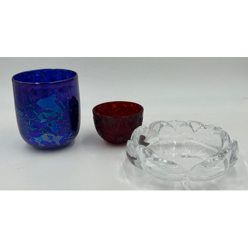 411 - A Touch of Glass (IOW) Blue iridescent vase 14cm h x 11.5cm d with label to base, heavy glass sculpt... 