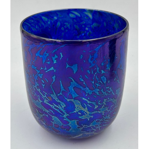 411 - A Touch of Glass (IOW) Blue iridescent vase 14cm h x 11.5cm d with label to base, heavy glass sculpt... 