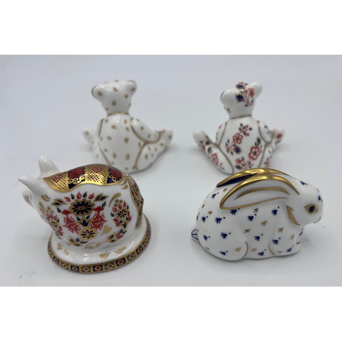 380 - Four Royal Crown Derby paperweights comprising Rabbit, Pig and two Teddy Bears. Two with gold stoppe... 