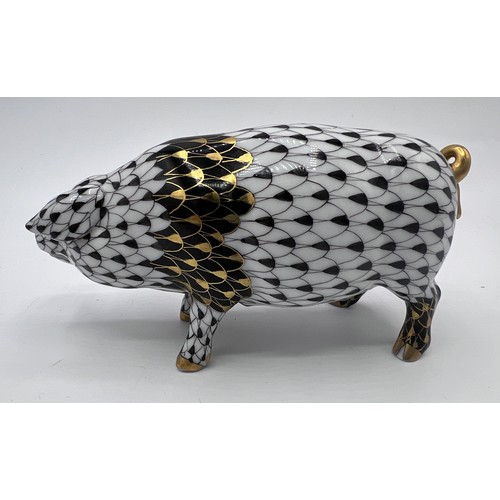 385 - A Herend First Edition, limited edition pig, painted in black and gold, no. 15663, 243 of 500. 13cm ... 