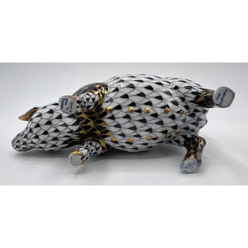 385 - A Herend First Edition, limited edition pig, painted in black and gold, no. 15663, 243 of 500. 13cm ... 