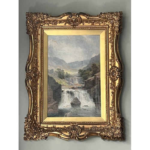 1408 - Two 19thC watercolour landscapes in swept gilt frames. Unsigned. Sight size 48 x 31cm.