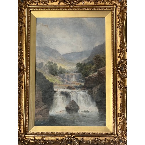 1408 - Two 19thC watercolour landscapes in swept gilt frames. Unsigned. Sight size 48 x 31cm.