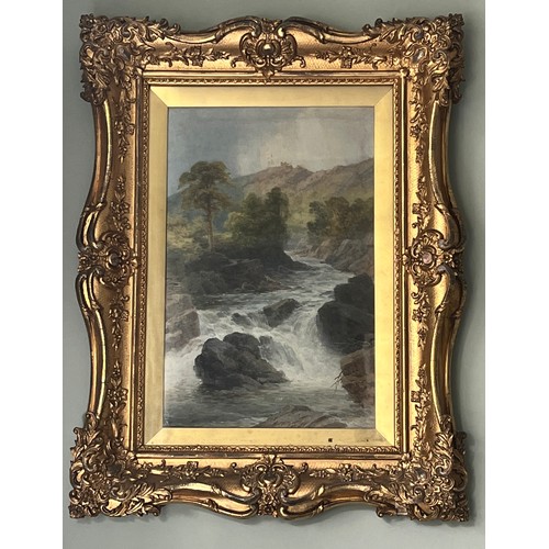 1408 - Two 19thC watercolour landscapes in swept gilt frames. Unsigned. Sight size 48 x 31cm.