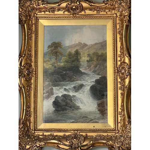 1408 - Two 19thC watercolour landscapes in swept gilt frames. Unsigned. Sight size 48 x 31cm.