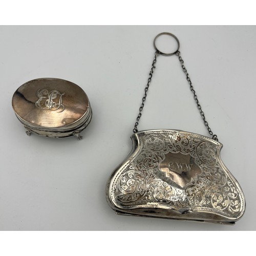 817 - A hallmarked silver purse Birmingham 1916 with chain and finger ring together with a silver jeweller... 